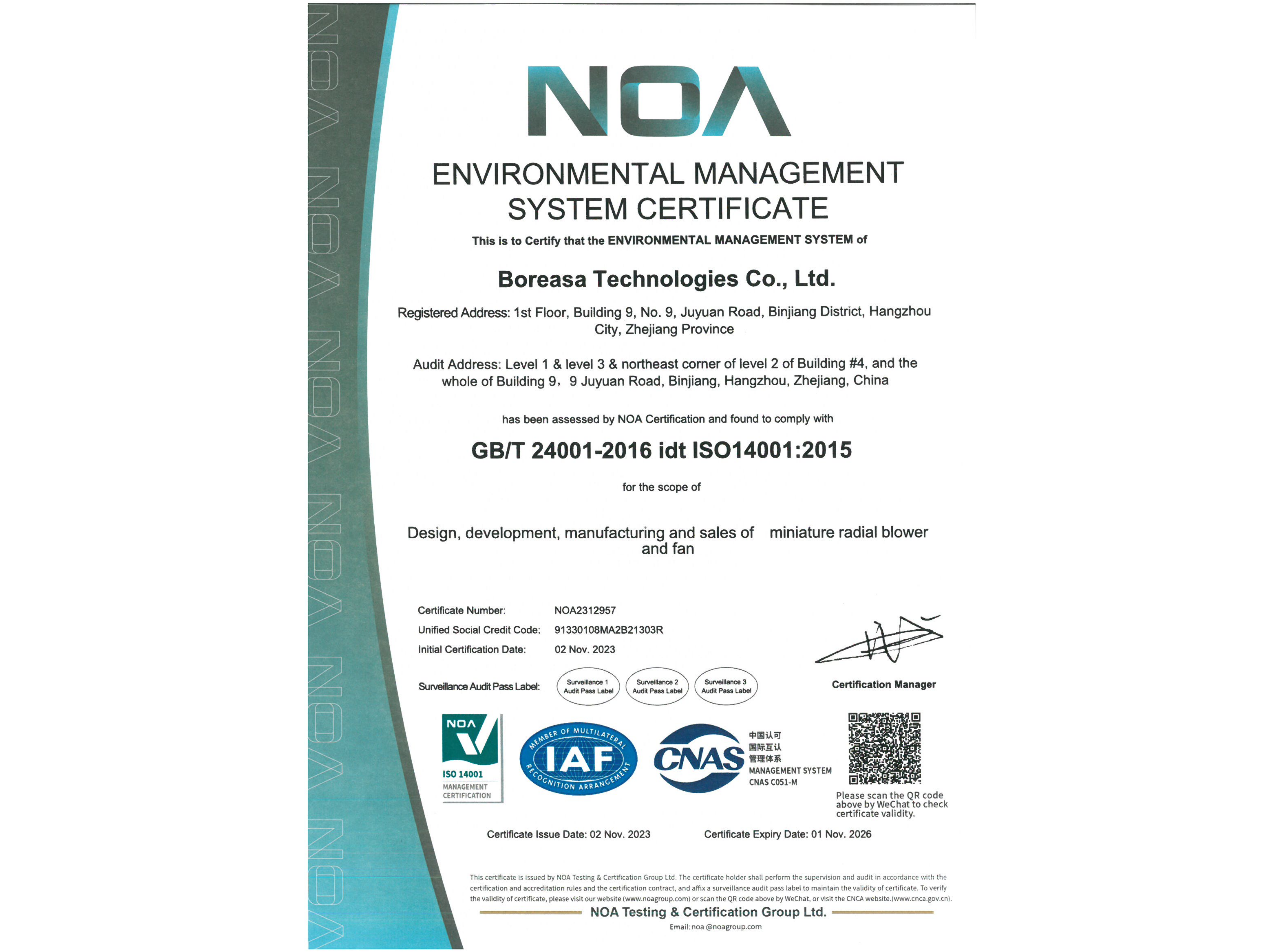 Boreasa was awarded ISO14001:2015 certification